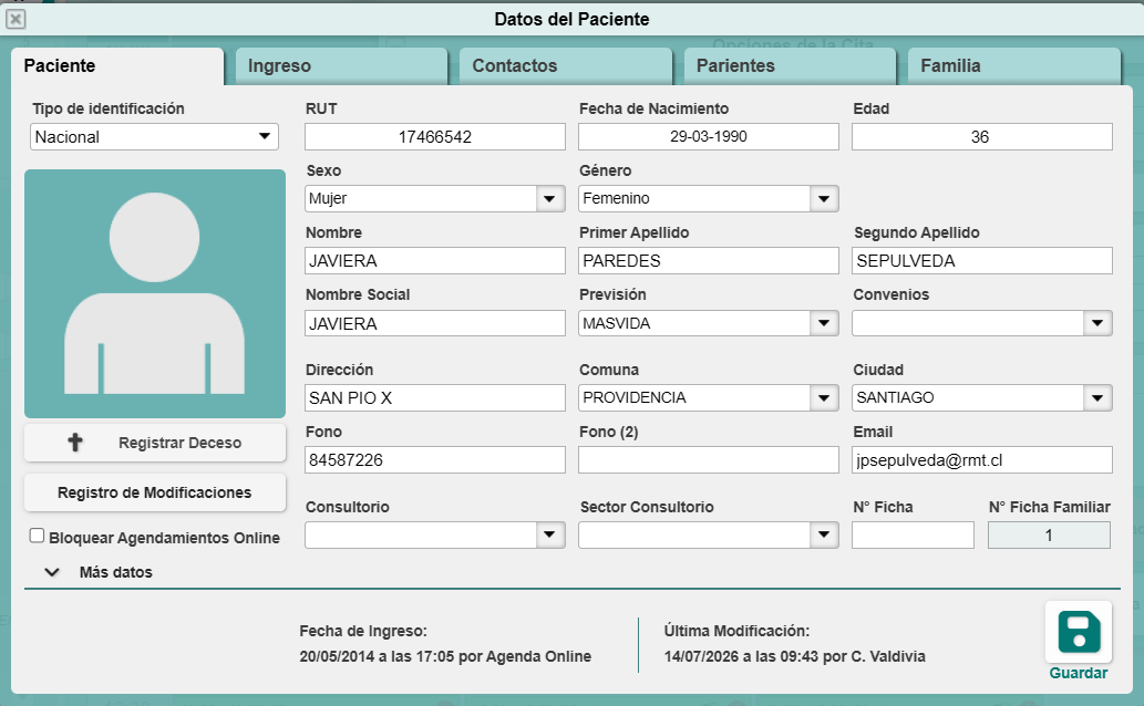 Ficha de datos del paciente en PhilaxMed